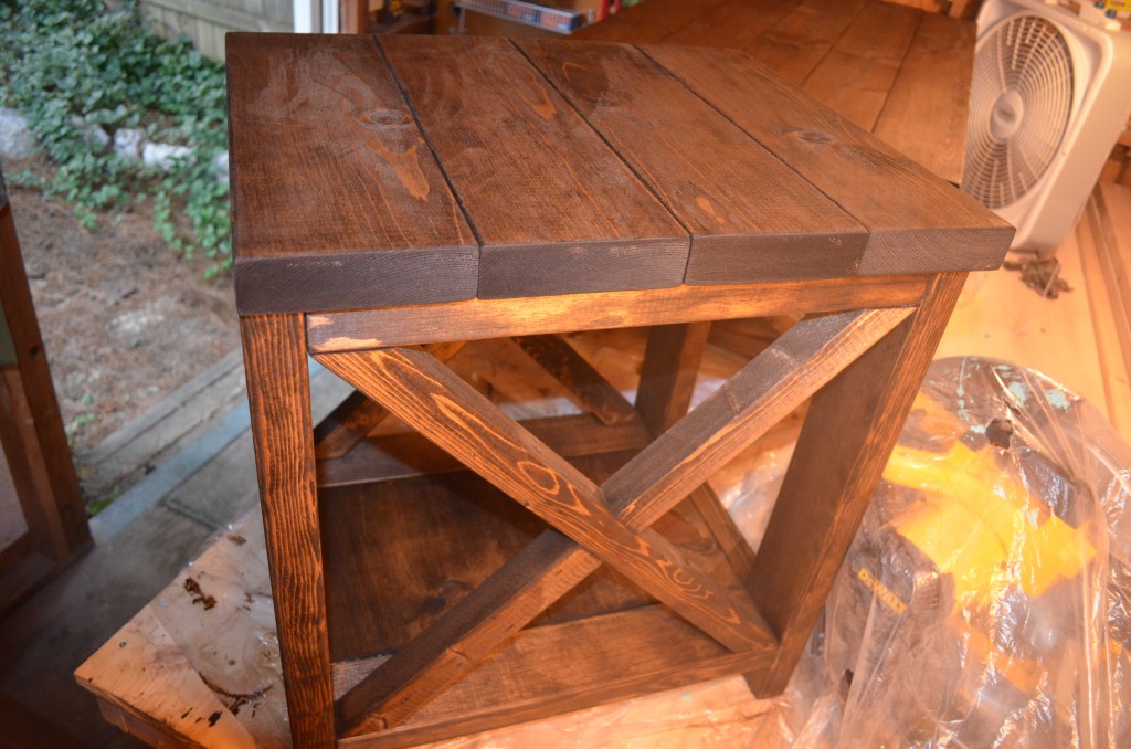 Our finished side table, drying after the stain.